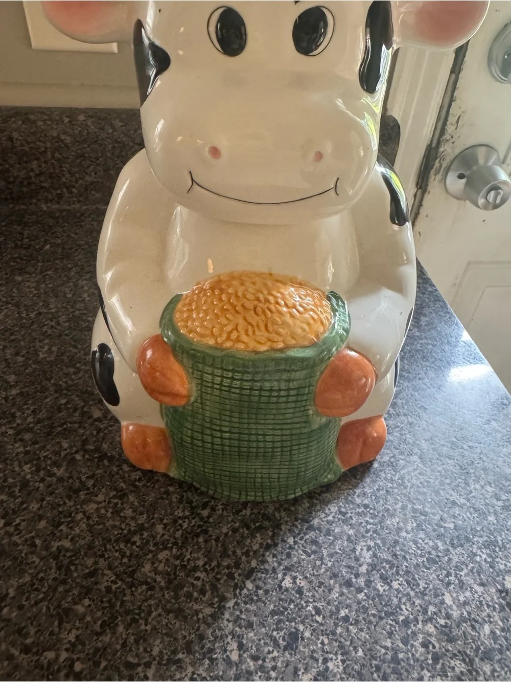 VTG Ceramic Cow Cookie Jar in White, Black and Orange